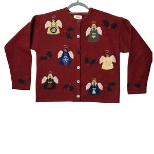 Talbots Lambswool Angel Christmas Cardigan Sweater Red Holiday Embroidered Med